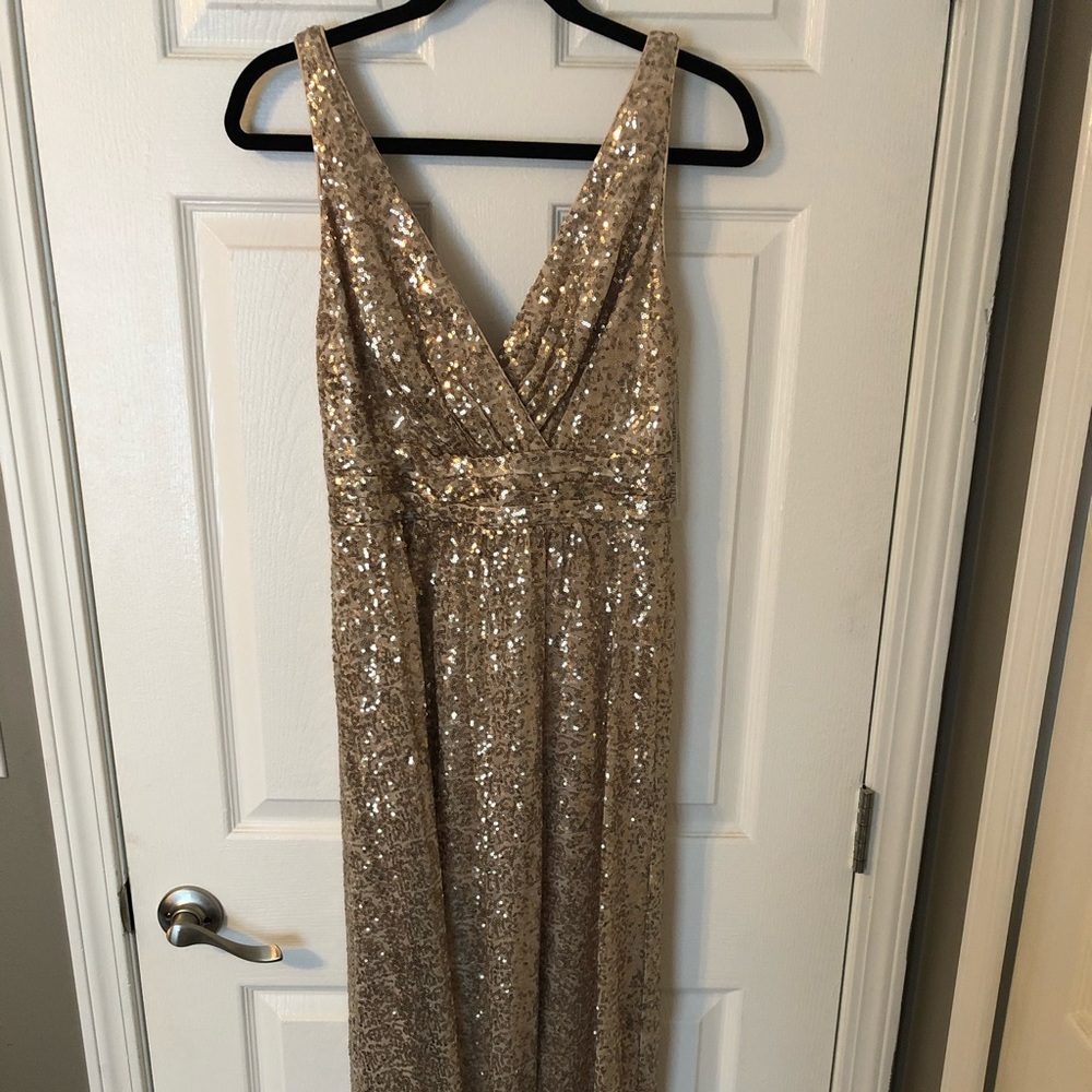David’s Bridal gold sequence floor length dress